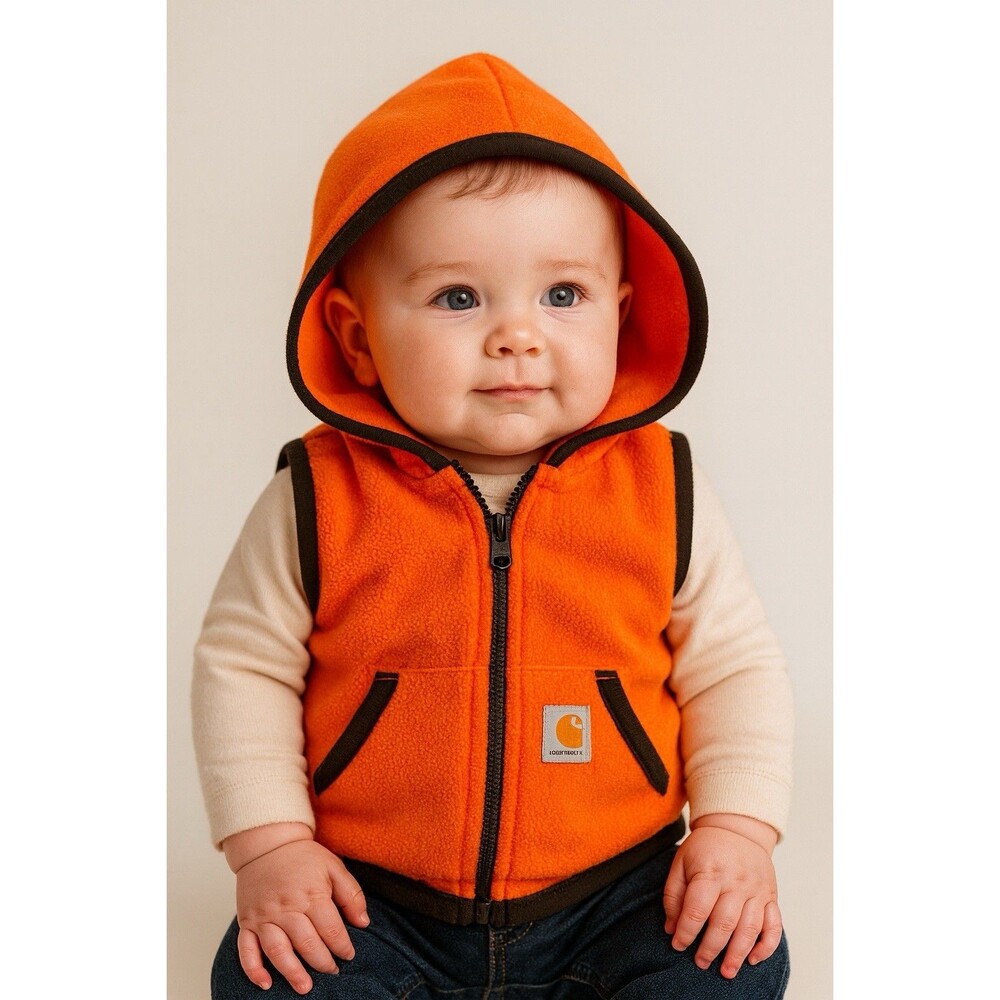 Carhartt Baby Fleece Vest 6 Month Blaze Orange Brown Trim Hooded Full Zip Infant